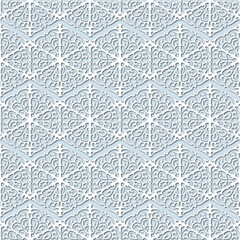 White snowflakes on pale blue background, damask ornament seamless pattern. Paper cut style - 366866526