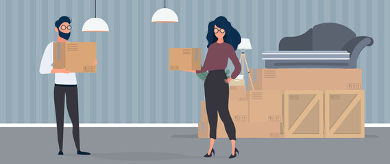 The guy and the girl are holding paper boxes in their hands. Large boxes, sofa. The concept of moving, changing housing, buying an apartment or moving an office. Vector.