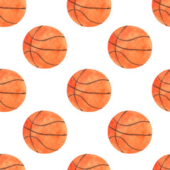 Seamless watercolor pattern with orange basketball ball on a white background.