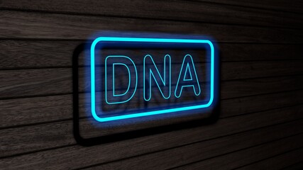 DNA cyan color neon fluorescent tubes signs on wooden wall. 3D render, illustration, poster, banner. Inscription, concept on gray wooden wall background.