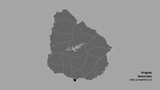 Artigas, department of Uruguay, with its capital, localized, outlined and zoomed with informative overlays on a bilevel map in the Stereographic projection. Animation 3D