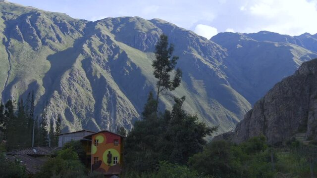 A small hostel in the town of Ollantaytambo surrounded by the mountains of the Sacred Valley in Peru.
