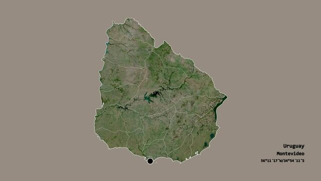 Colonia, department of Uruguay, with its capital, localized, outlined and zoomed with informative overlays on a satellite map in the Stereographic projection. Animation 3D