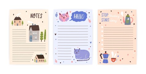 Set of childish, cute agenda, appointment notebook page with place for text. Empty to do list, planner sheets with animal, house, teapot. Flat vector cartoon illustration isolated on white background