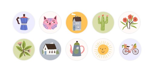 Collection of round childish tag, sticker. Design, decorated scrapbook elements. Muzzles, house, flower, bicycle, sun, pot, cactus badge. Flat vector cartoon illustration isolated on white background