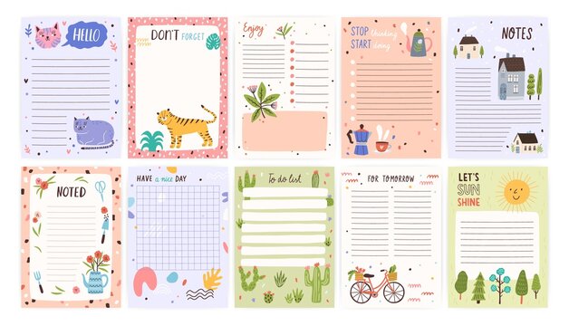 Childish cute agenda set, appointment notebook page with place for text. Empty sheets for to do list decorated with animal, house, plant. Flat vector cartoon illustration isolated on white background