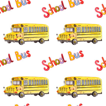 Seamless watercolor pattern with school bus and lettering on a white background.