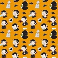 Seamless pattern hand drawn dracula vampire many emotion