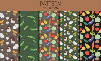 A set of seamless patterns with vegetables. Flat illustration design with peas, mushrooms, cabbage, avocado, broccoli, carrot, onion, tomato, cucumber and corn . Vector patterns in one bright color