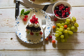 A slice of cake with condiments