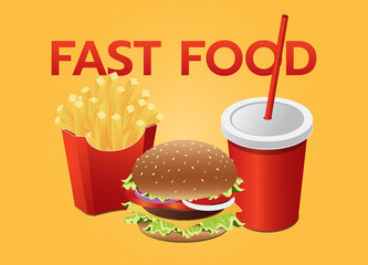 Fast food set vector on yellow background