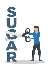 Girl using a giant scissor to cut a Sugar block. Concept of weight loss.