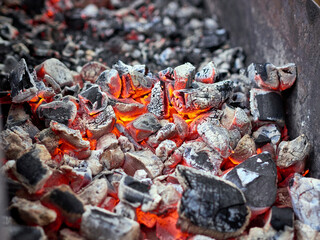 Abstract background of the glowing hot charcoal in the barbecue grill