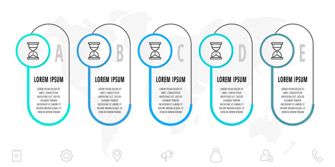 Infographics circular with five steps, parts, icons. Flat vector template. Can be used for diagram, business, web, banner, presentations, flow chart, info graph, timeline, content, levels.