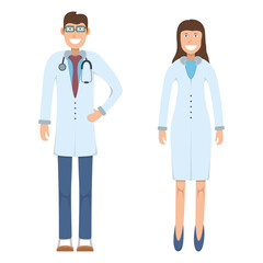 Character doctor standing isolated on white, flat vector illustration. Human male female important physician professional activity, smiling people.