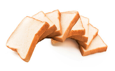 milk bread on white background, homemade slide bread on the wooden broad, Sliced bread isolated on a white background. Bread slices and crumbs viewed from above. Top view