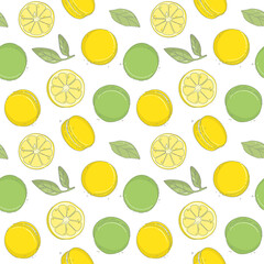 Hand draw fresh lemon with macaroon, Cute seamless pattern