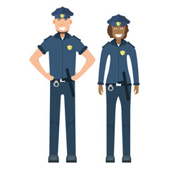 Pair character policeman standing isolated on white, flat vector illustration. Human female and male important professional activity, smiling people profession.