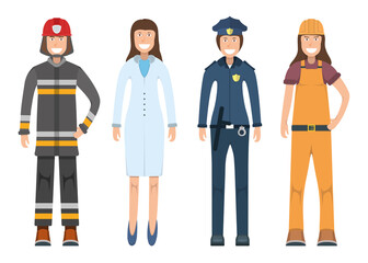 Character doctor, policeman, worker, firefighter standing isolated on white, flat vector illustration. Human female important professional activity, smiling people.