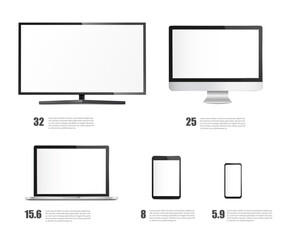 Set of devices screens and monitors, realistic vector illustration isolated.