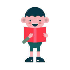 little student boy reading book comic character