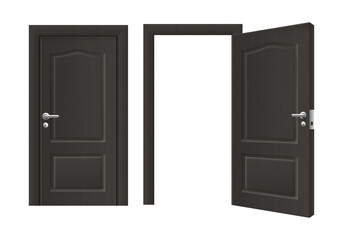 Open and closed front door of black wood - realistic house doorway