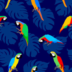 Tropical leaves with macaw parrot. Animal seamless pattern. Modern exotic jungle plants. vector illustration design.