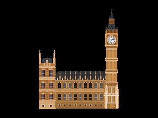 big ben clock building london. flat on black