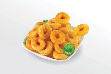 Pile of crispy Corn ring, Cream & Onion snack (Fryums - Frymus) in white dish isolated on white background, Sweet brekfast cereal rings - Image