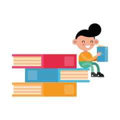 little student boy seated in books comic character