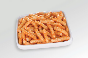 Fried and Spicy Stick, Sali Sev, noodles, Snacks or Fryums (Snacks Pellets) White background. selective focus - Image