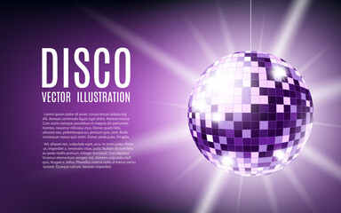 Purple disco ball banner template with shiny glowing mirror sphere