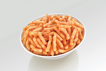 Fried and Spicy Stick, Sali Sev, noodles, Snacks or Fryums (Snacks Pellets) White background....