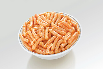 Fried and Spicy Stick, Sali Sev, noodles, Snacks or Fryums (Snacks Pellets) White background. selective focus - Image