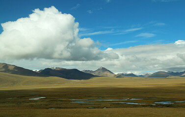 The scenery of Tibet from window of Qinghai Tibet Train (Lhasa Express), Tibet, China.