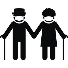 senior at mask, man and woman, masks, black silhouette, vector icon