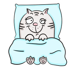 Cute cat sleeping in bed on a pillow under a blanket cartoon style kawaii. Cat Flat vector illustration. Sketch card for t shirt design, School books, Greeting cards, posters