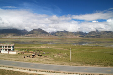 The scenery of Tibet from window of Qinghai Tibet Train (Lhasa Express), Tibet, China.