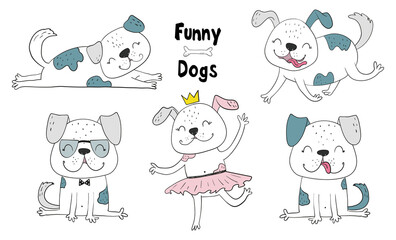 Vector print with cute funny fashionable dogs. Vector illustration. Set of dogs.