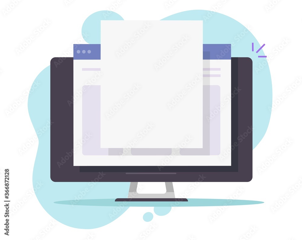Poster online document file on computer pc with empty blank copy space paper sheet page vector flat cartoon