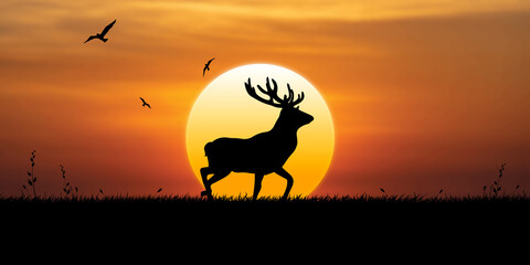 Deer walks at sunset, birds fly in the sky