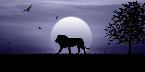 The lion walks in the moonlight at night, birds fly in the sky
