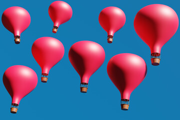 3d illustration a group of identical red balloons with baskets fly up on a blue monochrome background