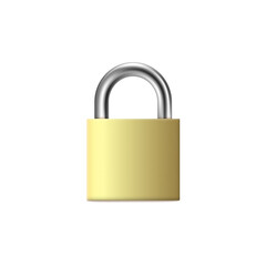 Fototapeta premium Closed square brass door padlock, realistic vector mockup illustration isolated.
