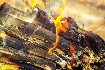 Vivid smoldered firewoods burned in fire close up. Atmospheric background with orange flame of...