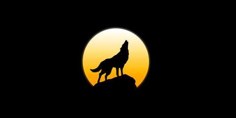 The wolf howls on the rock in the light of the red moon at dusk