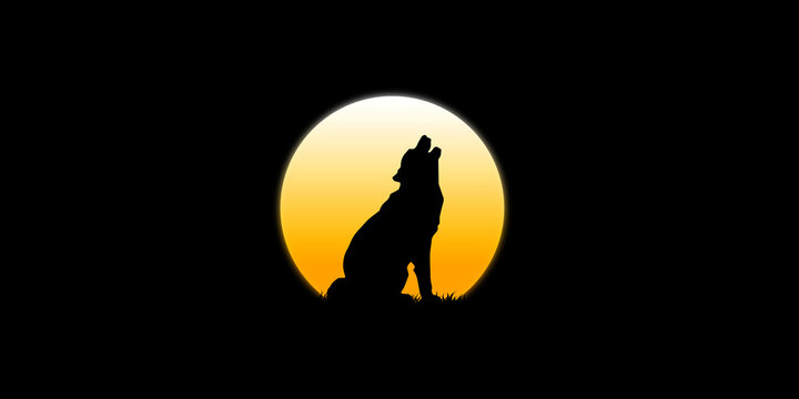 The wolf howls in the moonlight at dusk