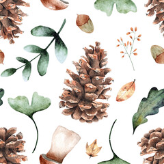 seamless watercolor autumn pattern with pine cones and leaves