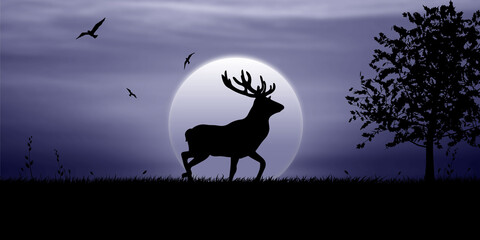 Deer walks in the moonlight at night, birds fly in the sky