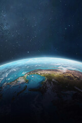 Vertikale Tapete der Erdplanetenoberfläche im Weltraum. Blauer Ozean und grüner Kontinent. Fantasiewelt. Sterne und Weltraum. Elemente dieses von der NASA bereitgestellten Bildes